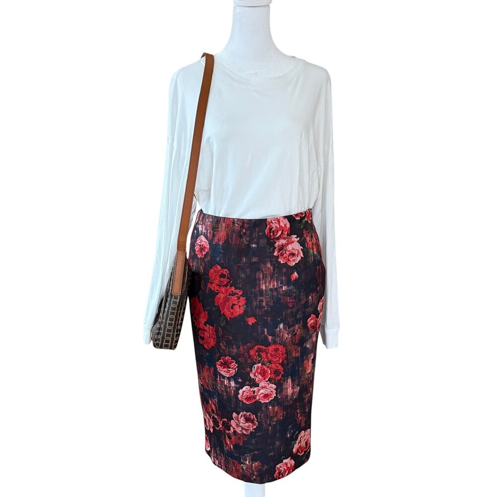 Saks Fifth Avenue Floral Pencil Skirt Midi Womens SP Black Red Rose Stretch